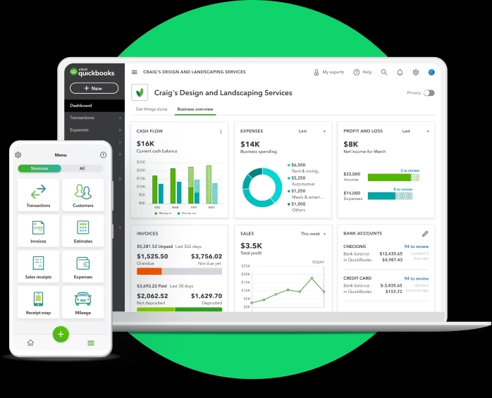 A screenshot of QuickBooks dashboard on desktop and mobile app