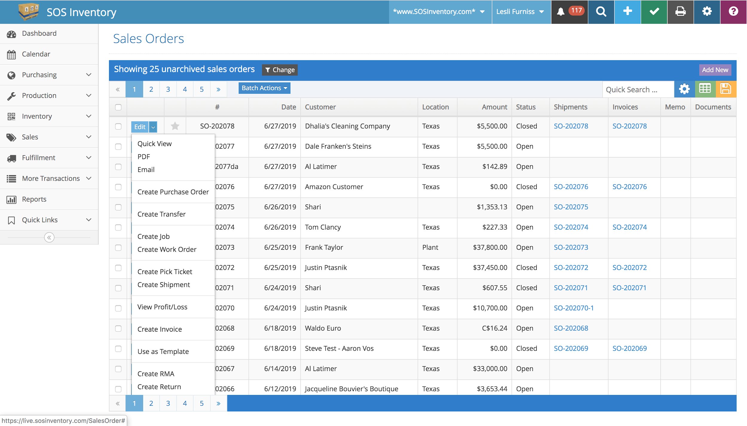 A screenshot of SOS Inventory's sales order tracking