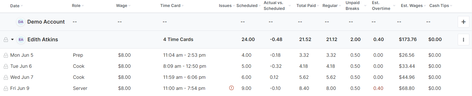A screenshot showing how automatic timesheet reviews from Homebase's time clock app make managing clocking in and out easy.