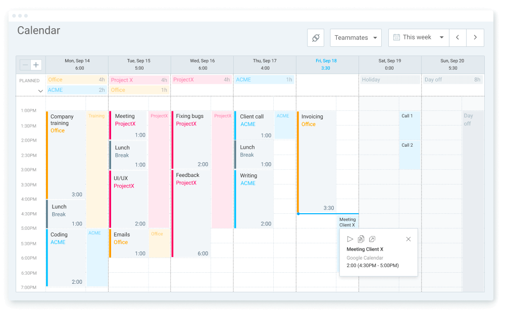 A screenshot of Clockify's calendar tool.